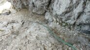 In discesa dal Torrione scendiamo nel camino attrezzato con la corda fissa.   