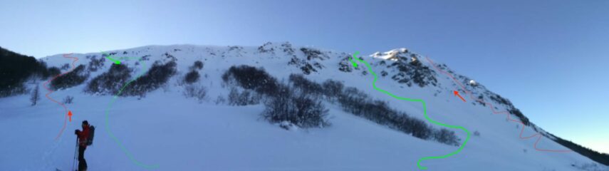 In rosso le line di salita in verde discesa