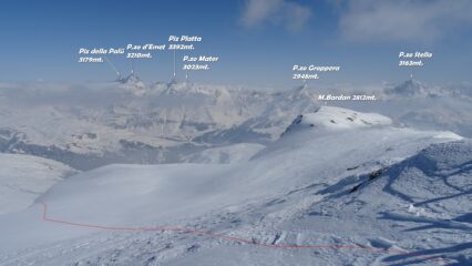 In rosso la linea di discesa vista da Cima di Barna 2862mt. per l'imbocco del pendio nevoso del versante nord.