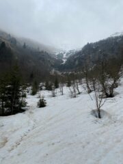 Inizio del canale (ingrandendo si nota la slavina coperta di aghi che in alto si stringe)