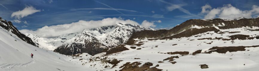 Itinerario di discesa da quota 2650, con al centro il pianoro dello Chalet de l'Epèe