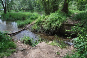 Il ponte mancante visto lato Bernate, col tronco per l’attraversamento di fortuna per funamboli doc