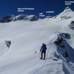 In verde la salita al P.zo Scalino, in rosso la salita a Cima di Val Fontana, in blu la discesa sulla cresta verso il P.so di Campagneda.