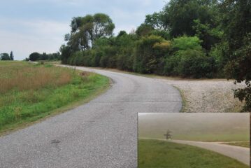 Il tratto di strada dove l’Elia de “Il bisbetico domato” con bicicletta e telescopio (nel riquadro) imbocca il bivio