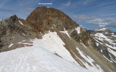 In rosso il traverso fatto al buio sotto il Piz Trovat. 