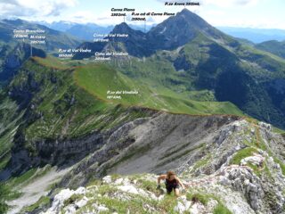 Panorama alle nostre spalle sulla cresta fatta, in rosso la traccia.