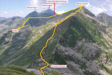 Visti dal Monte Tovo, il percorso di risalita della cresta est per la vetta del Monte Camino e quello di rientro a Oropa