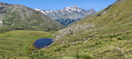 la bella conca erbosa di quota 2840 m e il Gruppo della Grivola, osservate dal sentiero che sale al Colle di Saint Marcel