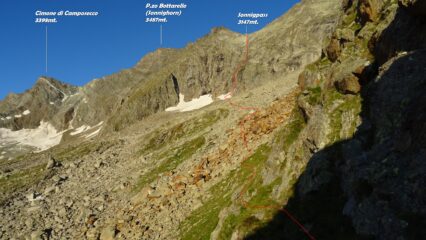 In rosso la traccia di avvicinamento alla ferrata vista dal bivacco.