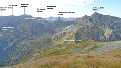 In giallo la traccia che scende in Val del Livrio e sale al P.so di Publino, vista da Cima Tonale 2544mt.