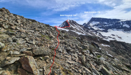 itinerario di salita osservato dalle vicinanze del colletto di quota 3100 m