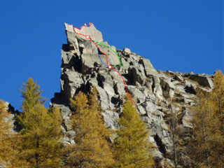 Tracciato indicativo della parte alta: in blu la variante di sx, in verde quella di dx di L3. In bianco quella di L2
