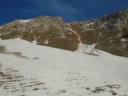 La stretta gorgia del versante sud: in rosso la classica via alla cresta SE, in azzurro il punto di svolta 