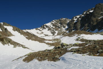 in vista della cima. Il canale di destra al momento direi che non è praticabile con gli sci