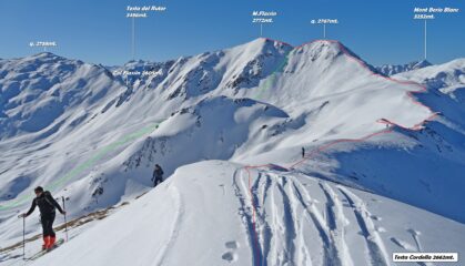 In rosso il percorso fatto da noi per salire il M.Flassin visto da Testa Cordella. In verde la discesa dal pendio. 
