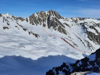 Aiguille de la Belle Combe, couloir S di sx (rosso) e dx (giallo), febbraio 2022.