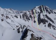 Aiguille de la Belle Combe, couloir S di dx (giallo) di sx (rosso), in fondo Couloir S del Petit Golliat (verde). Foto di marzo 2019.