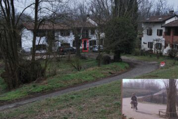 Ai Casoni/ Borgo Tre Case: la strada discesa dalla Mariarosa in bicicletta (nel riquadro) che porta al posto telefonico pubblico (la porta in fondo)