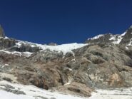 Neve sul altopiano. Rifugio in alto a destra. Dirigersi verso la roccia su cui si erge il rifugio per ricongiungersi al sentiero principale.