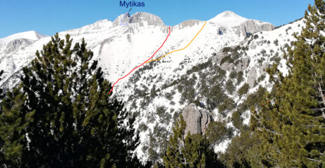 In rosso e arancione le discese per Prionia, in blu il traverso ed il couloir finale