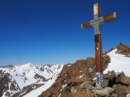 Monte Vioz: croce e punto trigonometrico. Sullo sfondo San Matteo, Dosegu, Tresero.