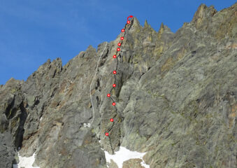 Percorso e soste, in bianco approssimativamente la linea di calata su Brontolo