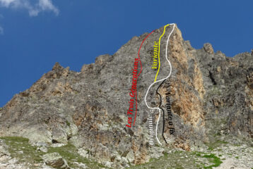 Bianco: la via originale, nero: variante bassa a fix, giallo: variante da L2, rosso: les 3 génerations