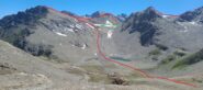 In rosso la salita consigliata per la Pointe de Met, le Bezin e Pointe des Fours, in verde la possibilità di passare su nivoglaciale del col di Bezin, in blu discesa diretta al Lac Ancien Glacier de Fond qualche ometto, malagevole e ripida (sconsigliata)
