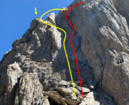 in rosso la salita dal canalino, in giallo dalla cengia