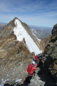 cresta affilata a scendere dallo Steck nadelhorn al Hohobarjoch, di fronte la bella piramide dell'Hohbarghorn..