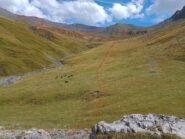 2. dolce salita per la sx idrografica del vallone fino al prefabbricato e ritorno sulla traccia gps di Gulliver (non sembra, ma vi sono tracce di sentiero). In Blu la discesa dalla punta verso il colle