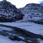 In giallo l'uscita diretta, prima salita nota