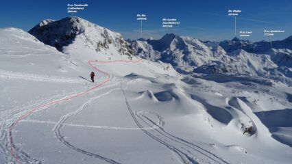 In rosso la traccia sul traverso. Punto a volte un po' critico ,ma non oggi.