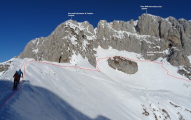 Invece di scendere direttamente nella Valle dell'ombra, la prendiamo larga, salendo alla Grotta dei Pagani. In rosso il percorso. 