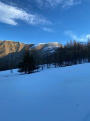 Il colle dell' orsiera a cui puntare è dietro gli alberi tra la dorsale spruzzata e il lato a dx in ombra sul fondo