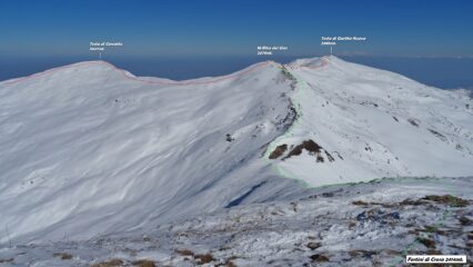 In rosso la traccia fatta dalla Testa di Cervetto alla Tetsa di Garitta Nuova. In verde la salita dal M.Riba del Gias ai Fortino di Crosa.