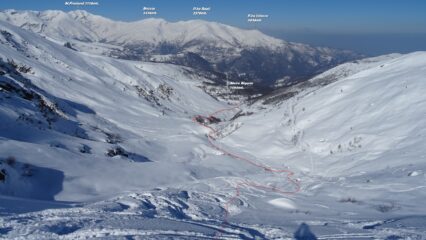 In rosso la traccia di discesa verso Meire Bigorie. 