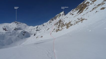In rosso il traverso preso poco sotto la B.tta di Formazzora che porta all'attacco del canale, in giallo la parte alpinistica. 