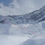 In rosso la traccia di salita normale, in giallo la discesa effettuata dal canalone nord.
