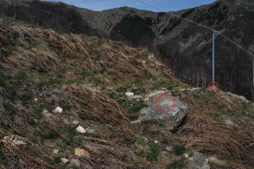Lo stacco del D12 dal D11, dove quest’ultimo - uscito dal bosco - incontra la sterrata. Riferimenti: la “Y” sul sasso e la tacca sul palo