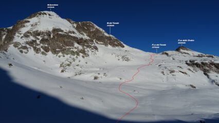 In rosso la traccia del traverso dal P.so di Mezzeno al P.so del Tonale.