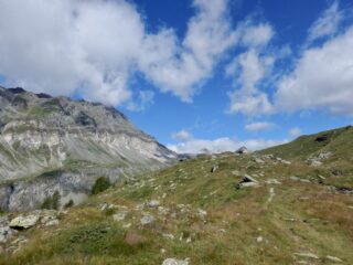 Risalendo il Vallone delle cime Bianche prima del bivio.