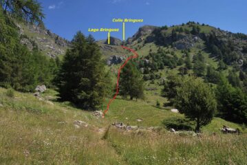 La via di salita al Lago e al Colle di Bringuez vista passati i  ruderi di la Chavanne