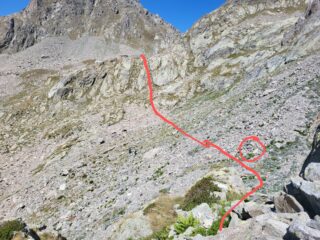 La traccia lungo il ritorno pri ma della casa di caccia e la sorgente nel pallino , da cercare , è sotto un grosso masso ma si sente il rumore 