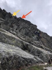 In apertura sul decimo tiro. La freccia rossa indica il passo chiave col ristabilimento verso destra, in prossimità della placconata gialla (freccia gialla)
