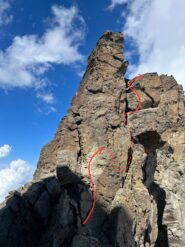 Indicativamente la nostra linea di salita al primo torrione 