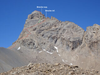 L'itinerario visto da sotto il Col Lombard (in verde la discesa)