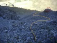 Dorlier: la traccia in traverso svanisce, risalire su sfasciumi; cerchiato l'ometto di riferimento che riporta sulla traccia più in alto.