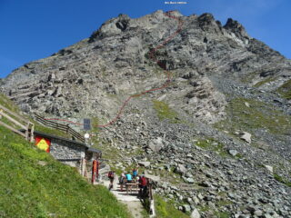 In rosso la traccia della via normale fatta in discesa vista dal Biv. Soardi .