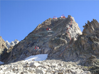 Sulla dx la salita, a sx la normale di discesa (in bianco il breve trasferimento su cengia)